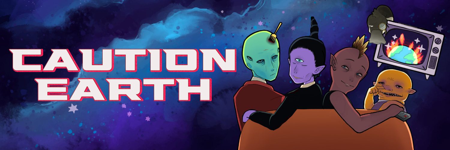Caution Earth. Four aliens on a couch look back over their shoulders while an old television shows the Earth on fire.